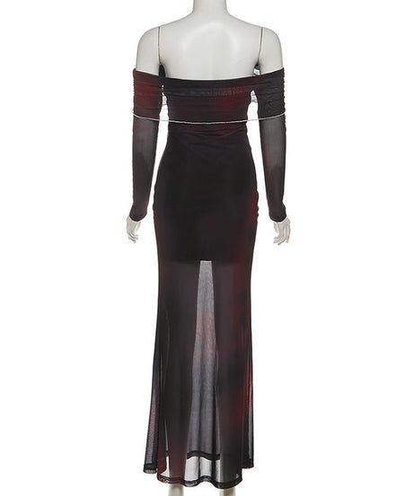 Ethereal Dark Floral Mesh Maxi Dress - Off-Shoulder Party & Holiday Glam