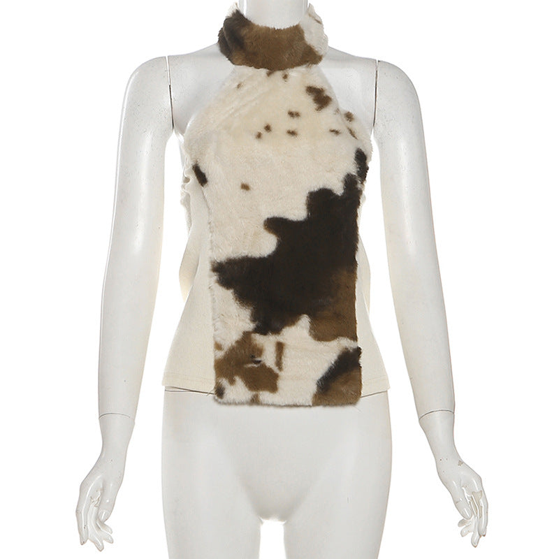 Cow Print Faux Fur Halter Romper | Western Chic Playsuit for Holiday Parties