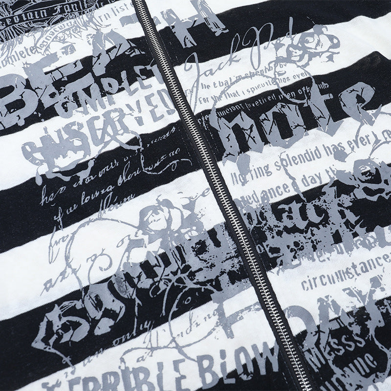 Edgy Alt Grunge Striped Zip Hoodie - Women's Graphic Print Emo Top for Fall & Winter