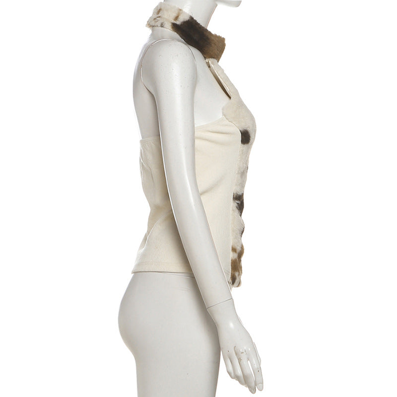 Cow Print Faux Fur Halter Romper | Western Chic Playsuit for Holiday Parties