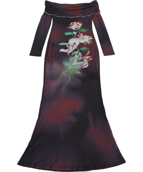 Ethereal Dark Floral Mesh Maxi Dress - Off-Shoulder Party & Holiday Glam