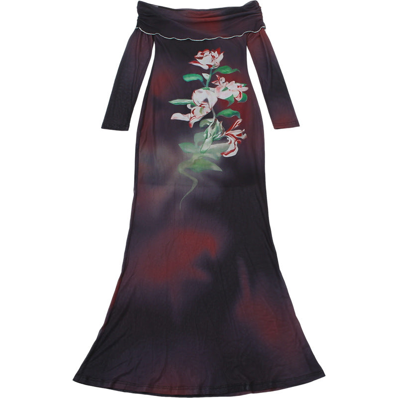 Ethereal Dark Floral Mesh Maxi Dress - Off-Shoulder Party & Holiday Glam