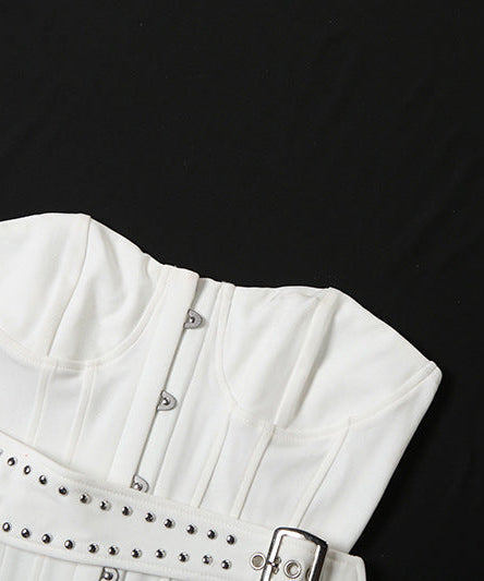 Festive White Studded Corset Top - Strapless Party Bustier with Buckle Detail | Holiday Season Chic