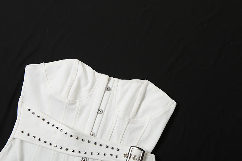 Festive White Studded Corset Top - Strapless Party Bustier with Buckle Detail | Holiday Season Chic