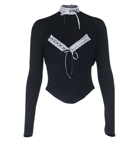 Gothic Romance Lace-Trim Long Sleeve Top - Tie-Front Maidcore Aesthetic for Fall & Holiday