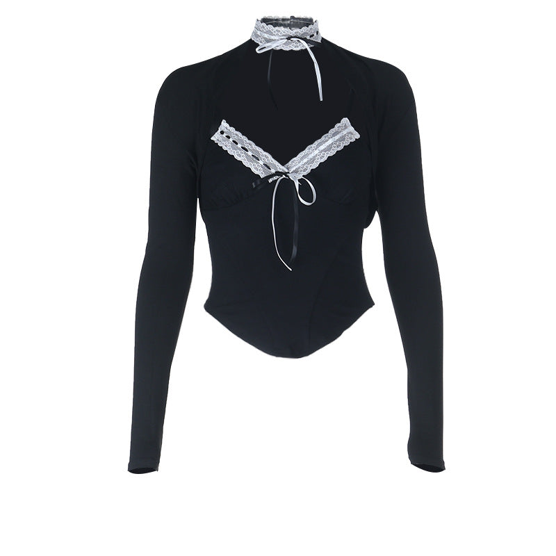 Gothic Romance Lace-Trim Long Sleeve Top - Tie-Front Maidcore Aesthetic for Fall & Holiday