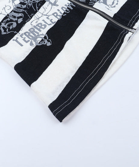 Edgy Alt Grunge Striped Zip Hoodie - Women's Graphic Print Emo Top for Fall & Winter