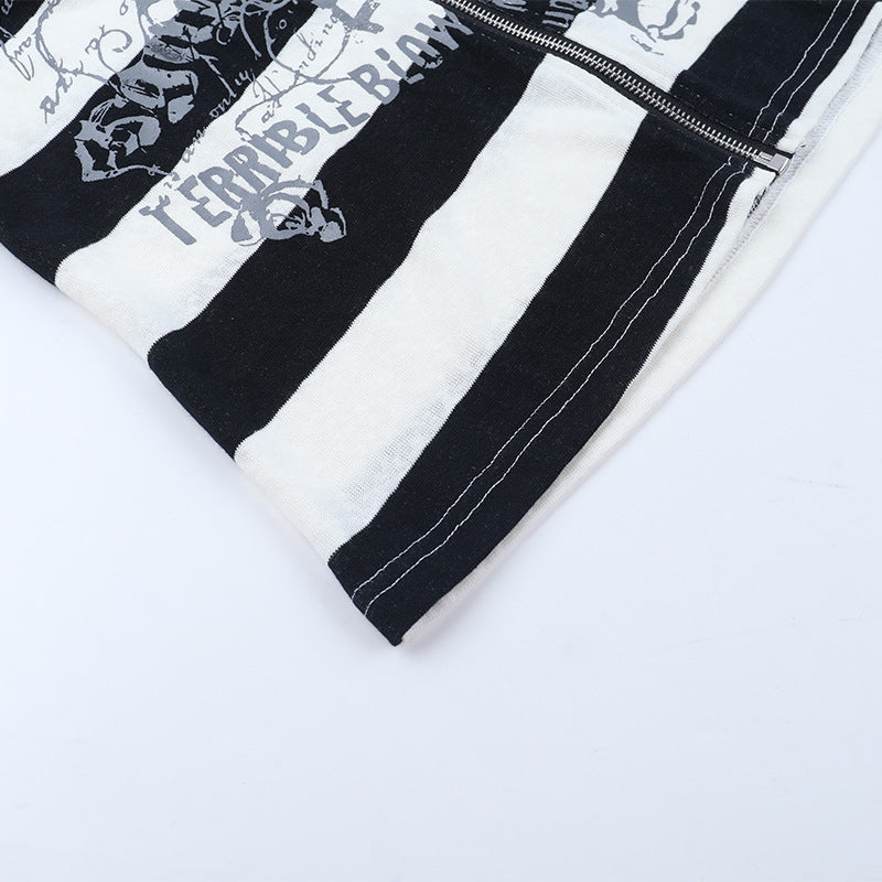 Edgy Alt Grunge Striped Zip Hoodie - Women's Graphic Print Emo Top for Fall & Winter