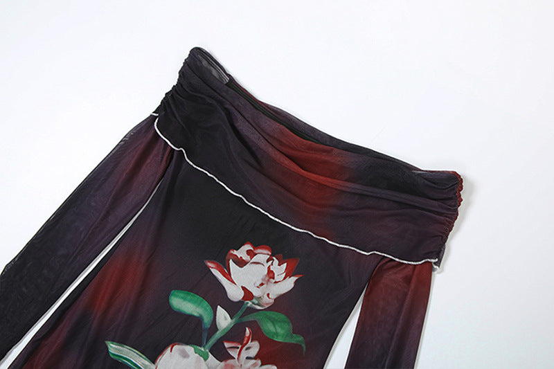 Ethereal Dark Floral Mesh Maxi Dress - Off-Shoulder Party & Holiday Glam