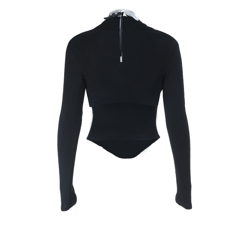 Gothic Romance Lace-Trim Long Sleeve Top - Tie-Front Maidcore Aesthetic for Fall & Holiday