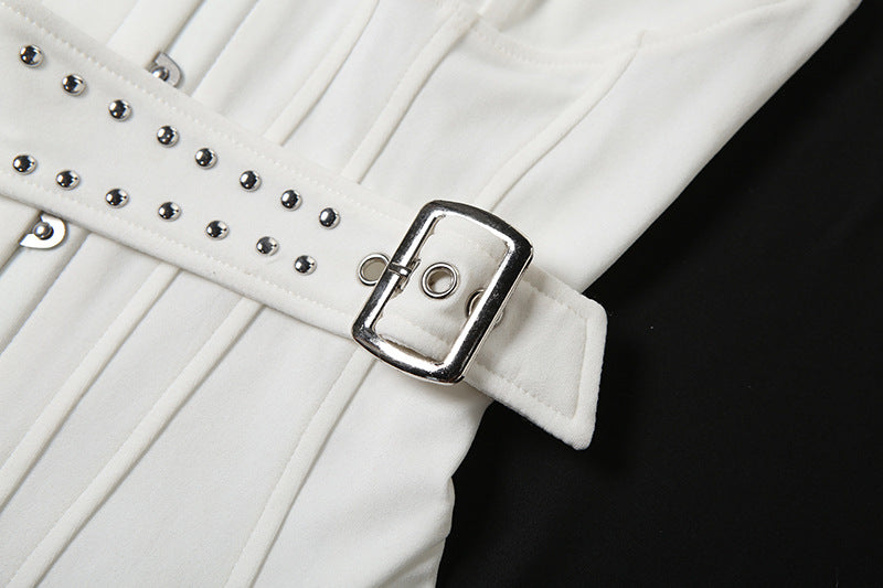 Festive White Studded Corset Top - Strapless Party Bustier with Buckle Detail | Holiday Season Chic