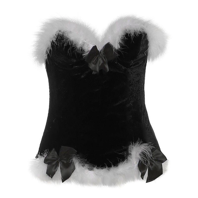 Glamorous Black Velvet & Faux Fur Bustier Top | Sweetheart Holiday Party Essential for Women