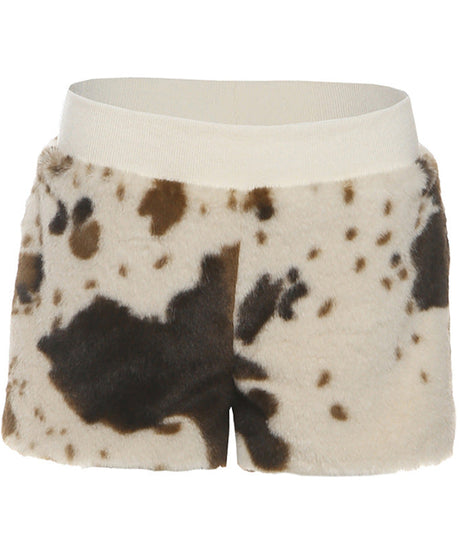 Untamed Chic: Faux Fur Cow Print Medium Rise Shorts – Your Cozy Fall & Holiday Statement Piece