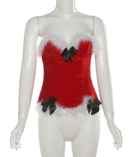 Glamorous Black Velvet & Faux Fur Bustier Top | Sweetheart Holiday Party Essential for Women
