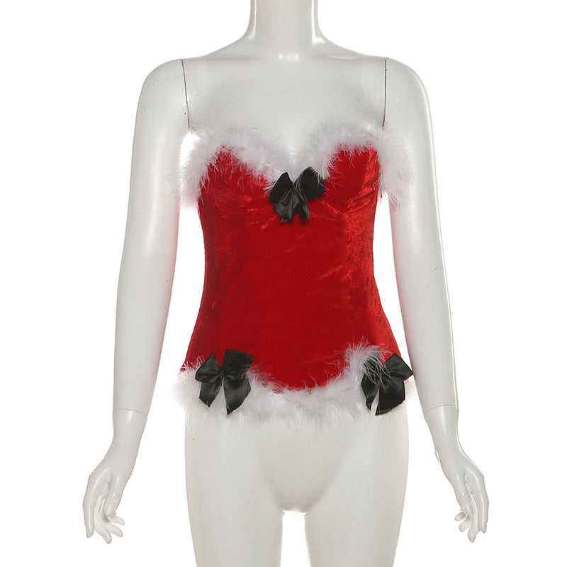 Glamorous Black Velvet & Faux Fur Bustier Top | Sweetheart Holiday Party Essential for Women