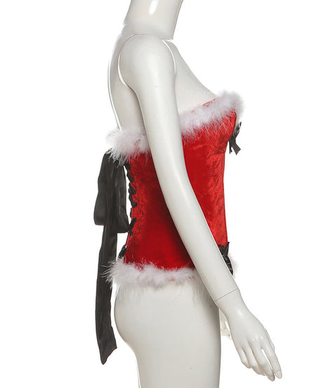 Glamorous Black Velvet & Faux Fur Bustier Top | Sweetheart Holiday Party Essential for Women