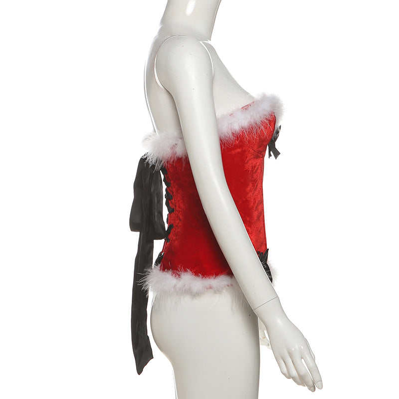 Glamorous Black Velvet & Faux Fur Bustier Top | Sweetheart Holiday Party Essential for Women