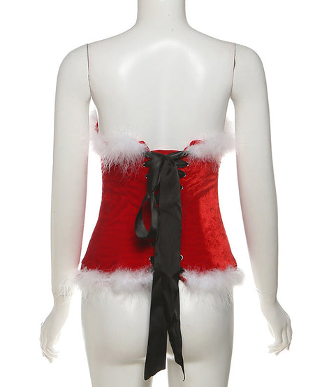 Glamorous Black Velvet & Faux Fur Bustier Top | Sweetheart Holiday Party Essential for Women