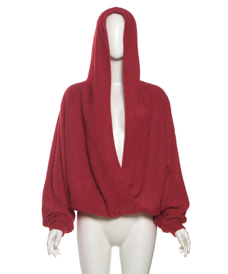 Crimson Cozy Luxe Wrap Hoodie | Plush V-Neck Top for Effortless Fall & Winter Style