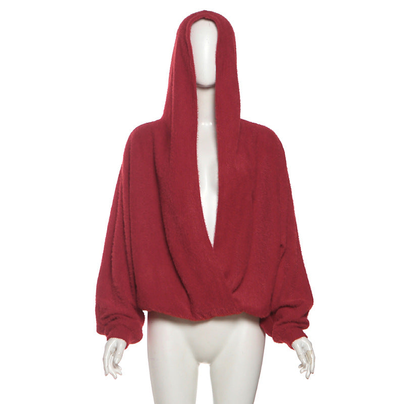 Crimson Cozy Luxe Wrap Hoodie | Plush V-Neck Top for Effortless Fall & Winter Style