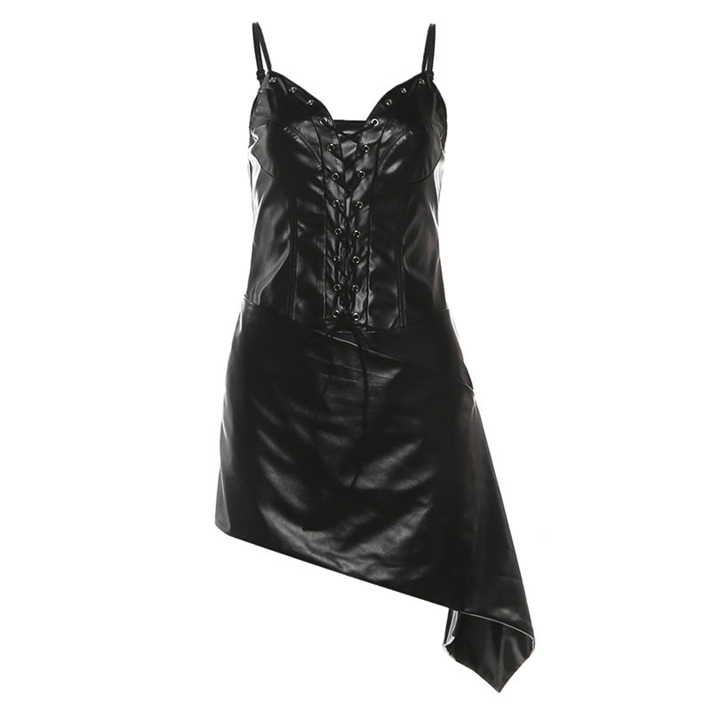 Sultry Faux Leather Corset Mini Dress - Edgy Lace-Up & Asymmetrical Hem for Holiday Parties & Clubwear