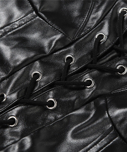 Sultry Faux Leather Corset Mini Dress - Edgy Lace-Up & Asymmetrical Hem for Holiday Parties & Clubwear