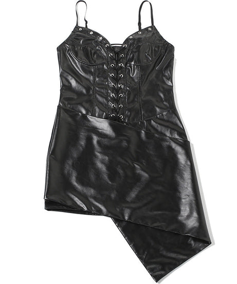 Sultry Faux Leather Corset Mini Dress - Edgy Lace-Up & Asymmetrical Hem for Holiday Parties & Clubwear