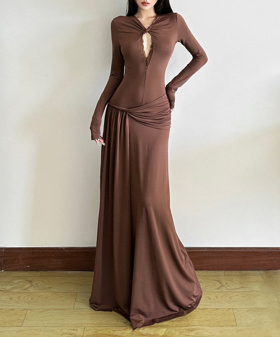 Autumn's Allure: Keyhole Ruched Chocolate Maxi Dress | Fall & Holiday Elegance