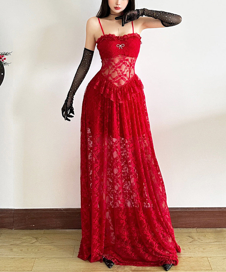 Sultry Red Lace Maxi Gown - Your Ultimate Holiday Party & New Year's Eve Statement Dress