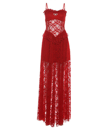 Sultry Red Lace Maxi Gown - Your Ultimate Holiday Party & New Year's Eve Statement Dress