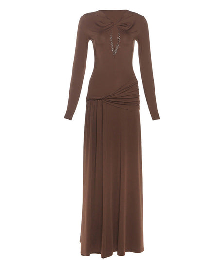 Autumn's Allure: Keyhole Ruched Chocolate Maxi Dress | Fall & Holiday Elegance