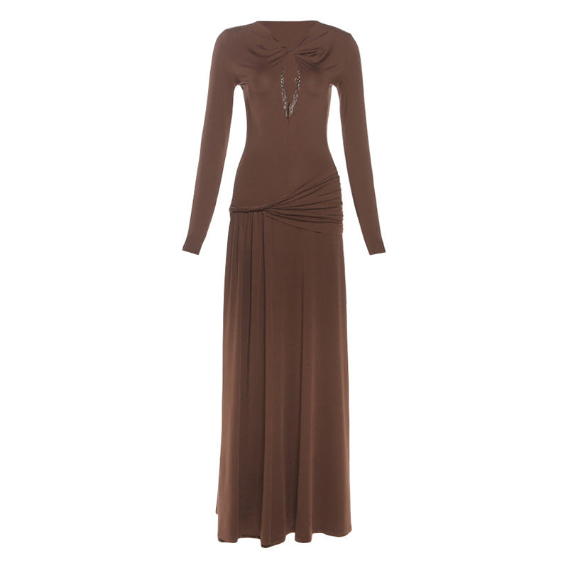 Autumn's Allure: Keyhole Ruched Chocolate Maxi Dress | Fall & Holiday Elegance