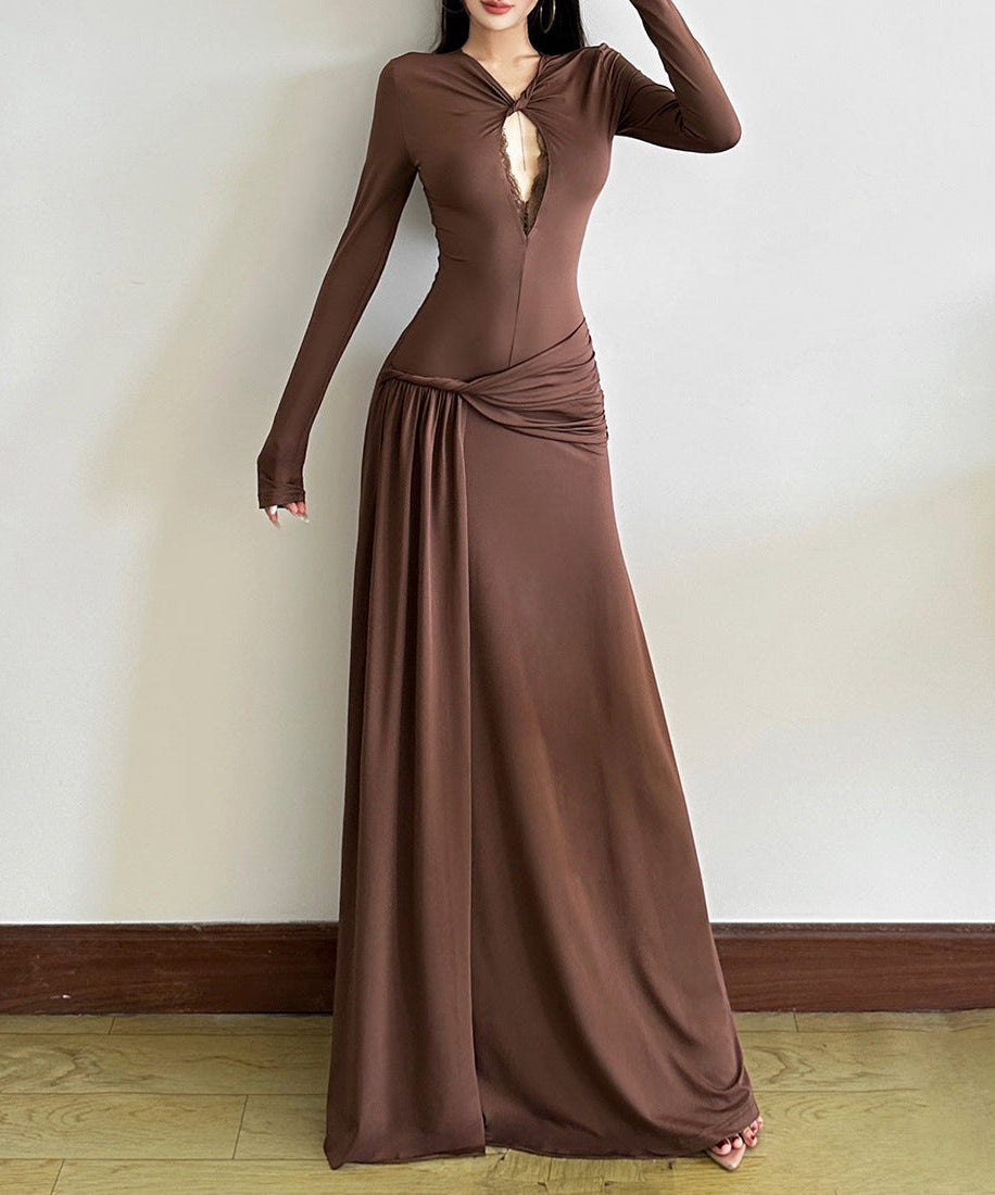 Autumn's Allure: Keyhole Ruched Chocolate Maxi Dress | Fall & Holiday Elegance
