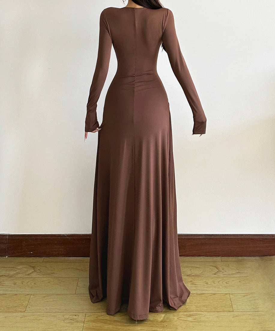 Autumn's Allure: Keyhole Ruched Chocolate Maxi Dress | Fall & Holiday Elegance