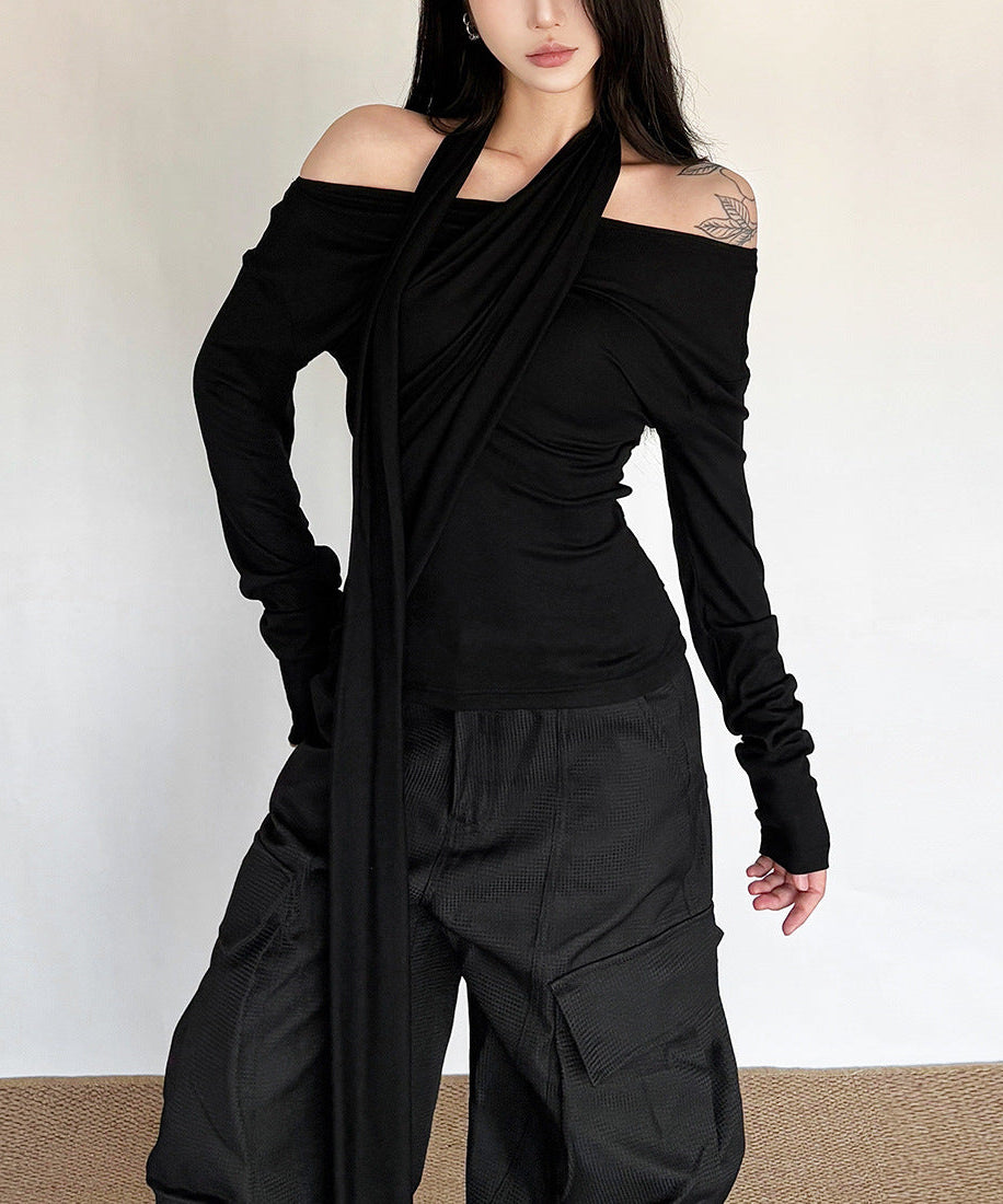 Fall '25 Chic: Black Draped Off-Shoulder Long Sleeve Top | Modern Allure