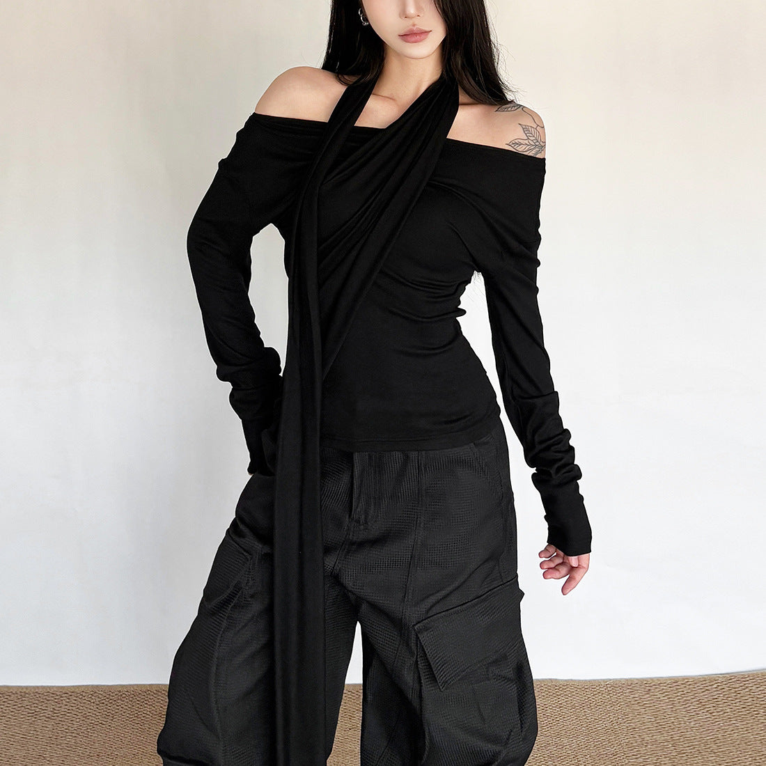 Fall '25 Chic: Black Draped Off-Shoulder Long Sleeve Top | Modern Allure