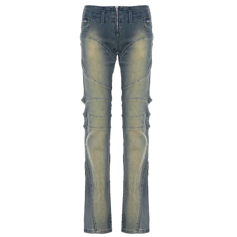 Edgy Luxe: Women's Vintage Wash Low-Rise Moto Straight Jeans – Fall/Winter 2025 Street Style