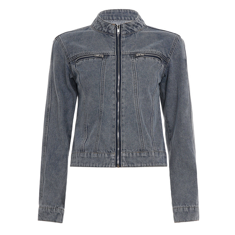 The Hudson Washed Gray Zip-Up Denim Jacket - Effortless Fall Style for Women