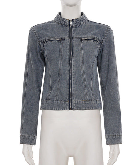 The Hudson Washed Gray Zip-Up Denim Jacket - Effortless Fall Style for Women