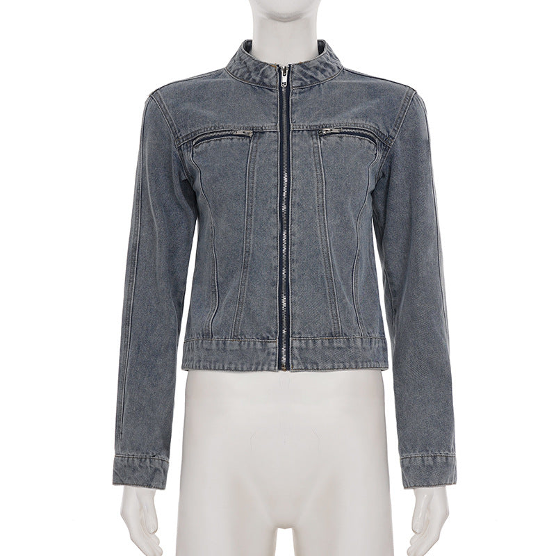 The Hudson Washed Gray Zip-Up Denim Jacket - Effortless Fall Style for Women
