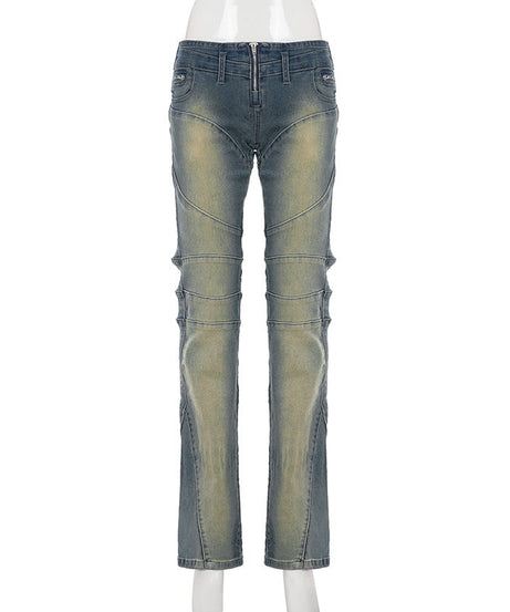 Edgy Luxe: Women's Vintage Wash Low-Rise Moto Straight Jeans – Fall/Winter 2025 Street Style