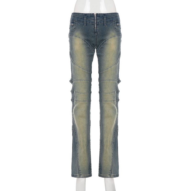 Edgy Luxe: Women's Vintage Wash Low-Rise Moto Straight Jeans – Fall/Winter 2025 Street Style
