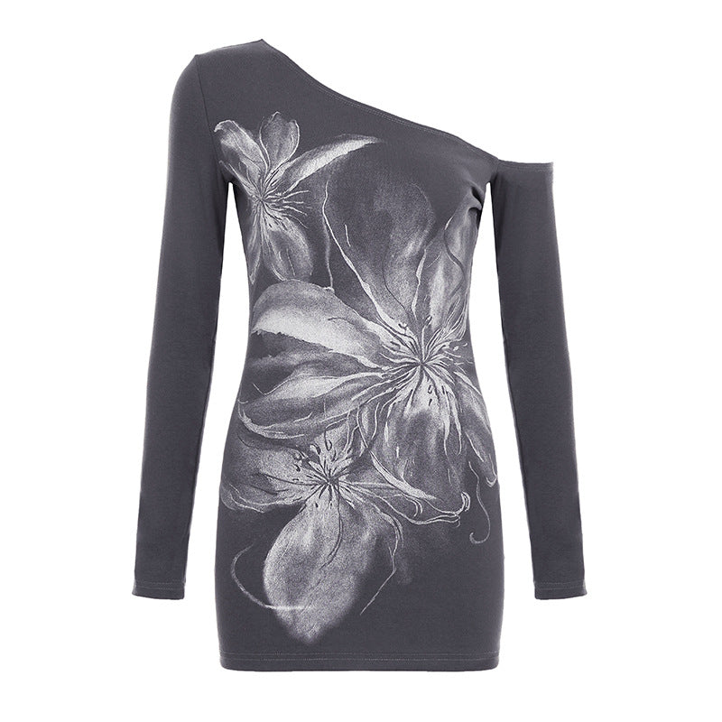 Modern Grunge Floral One-Shoulder Long Sleeve Top - Chic Fall Asymmetrical Style