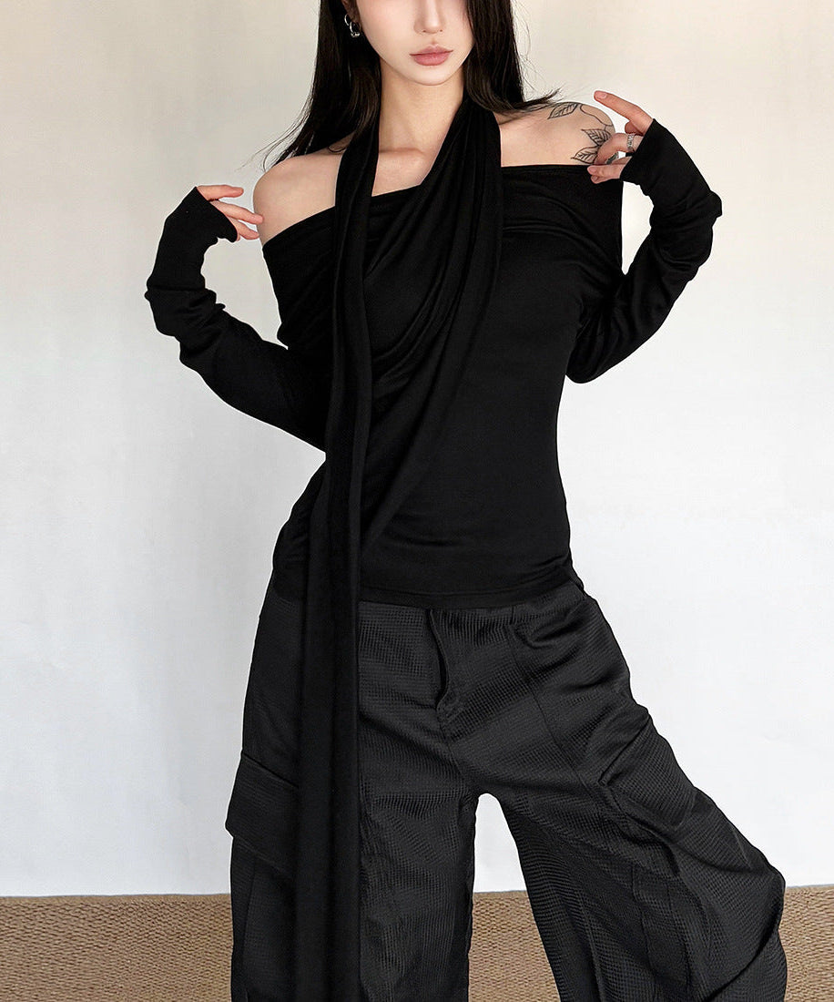 Fall '25 Chic: Black Draped Off-Shoulder Long Sleeve Top | Modern Allure