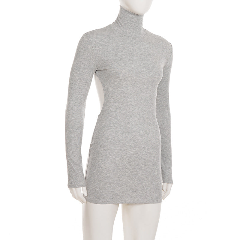 Cozy Chic Gray Ribbed Turtleneck Backless Mini Dress – Your Fall & Holiday Go-To