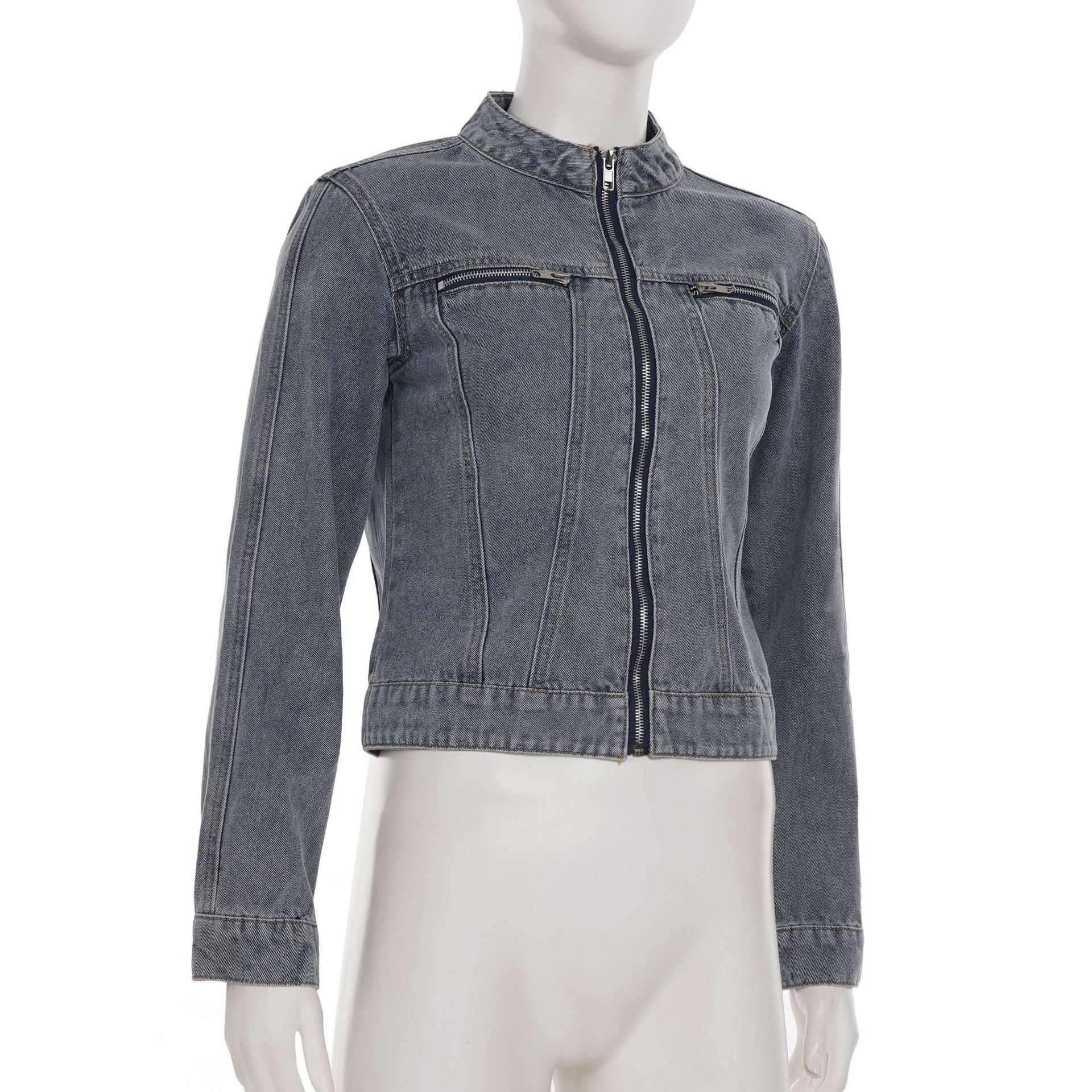 The Hudson Washed Gray Zip-Up Denim Jacket - Effortless Fall Style for Women