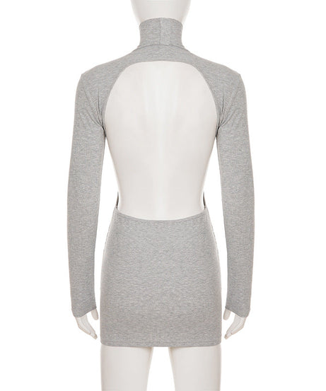 Cozy Chic Gray Ribbed Turtleneck Backless Mini Dress – Your Fall & Holiday Go-To