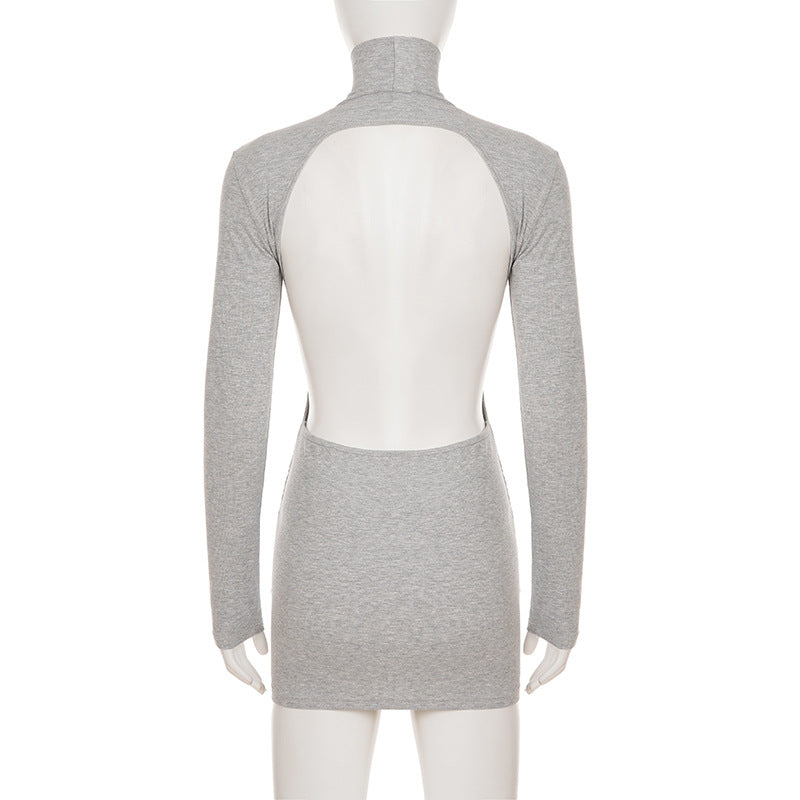 Cozy Chic Gray Ribbed Turtleneck Backless Mini Dress – Your Fall & Holiday Go-To