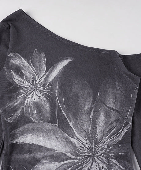 Modern Grunge Floral One-Shoulder Long Sleeve Top - Chic Fall Asymmetrical Style