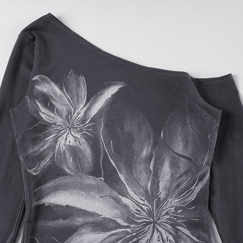 Modern Grunge Floral One-Shoulder Long Sleeve Top - Chic Fall Asymmetrical Style